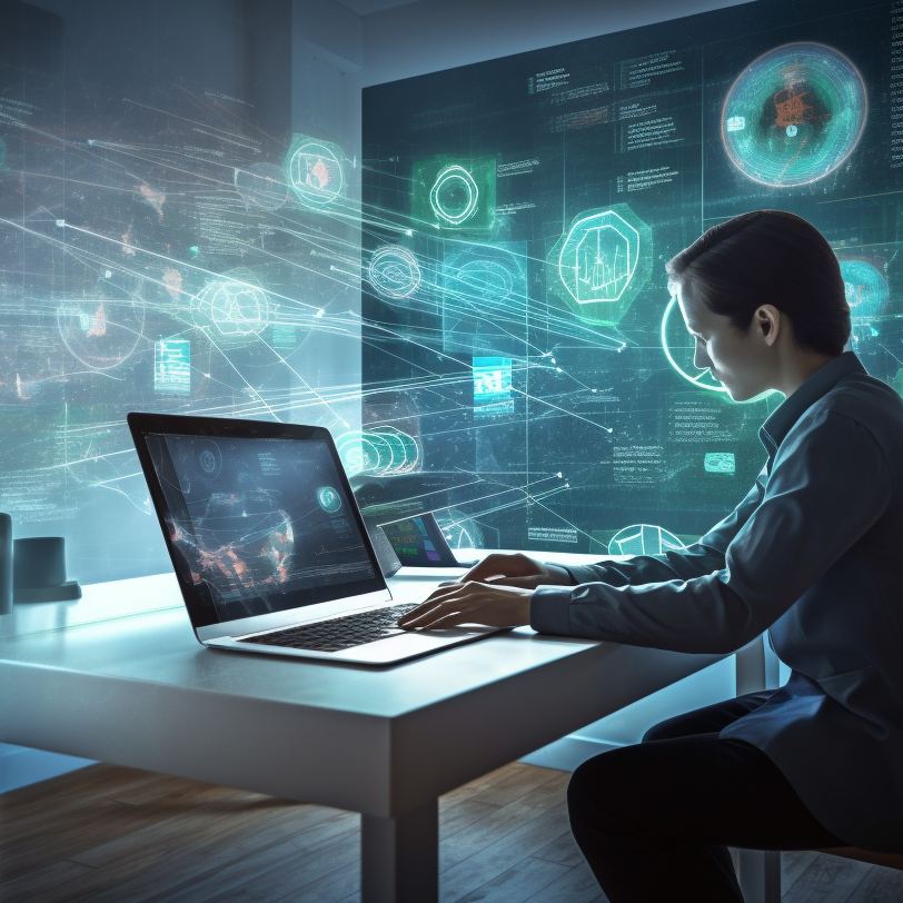 Ein IT-Spezialist arbeitet konzentriert am Computer, umgeben von digitalen Grafiken und Daten.