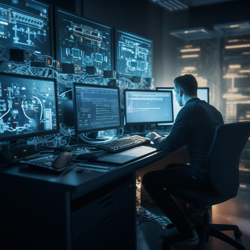 Ein Computerexperte arbeitet an mehreren Bildschirmen in einer Kontrollumgebung.