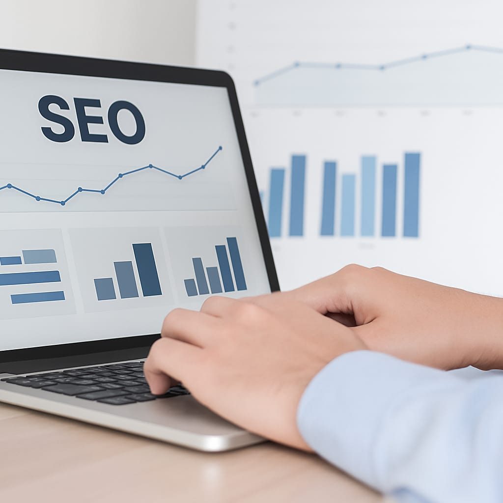 Hände eines Analytikers tippen auf Laptop mit SEO-Daten und Diagrammen im Hintergrund.